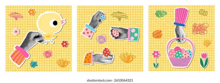Easter vector greeting card set with hands holding painted eggs, basket, chicken, Halftone collage style background