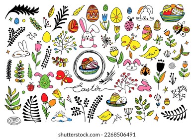 Easter Vector hand drawn color pictures in doodle style. Line art illustrations for greeting card design, for design of a poster, banner, print. 
