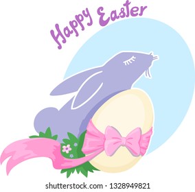 easter vector hand drawn illustration with cute violet rabbit, easter egg with beautiful pink ribbon and bow, green grass with small flowers on light blue background  with text happy easter