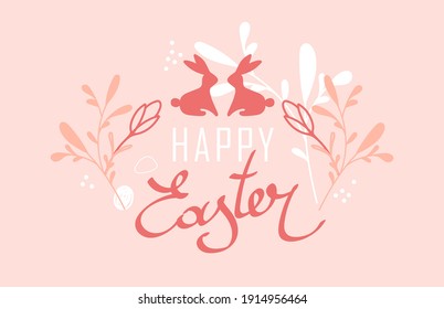 Easter vector hand-drawn illustration with Easter bunnies and flowers. Easter design for greeting banner, poster, flyer, web. Happy Easter text, Holiday concept