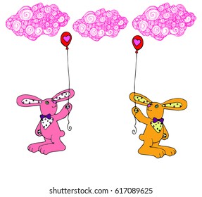 Easter vector hand-drawn rabbits yellow and pink cartoon with red balloons with hearts and filigree contour of the cloud. Isolated objects on white background for greeting card, print, Valentines