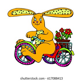 Easter vector hand-drawn yellow cartoon Bunny on cute Bicycle with flower in basket . Isolated objects on white background for greeting card, print