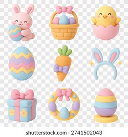 Easter Vector Icon Set | 3D icon set | A cute pink bunny holding a decorated egg, a basket filled with colorful eggs, a chick hatching from a pink eggshell, a large zigzag-patterned egg, a carrot with a purple bow, a bunny ear headband, a blue gift box with yellow flowers, an Easter wreath, and a striped egg on a stand