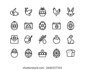 Easter Vector Icon Set | Adjustable Line Weight | Bunny, egg, chicken, celebration, spring, painted, dove, cross, chick, holiday, food, flower, decoration, basket icons
