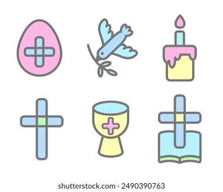 Iconos vectoriales de Pascua. Símbolo religioso cristiano del contorno de la biblia cruzada, pájaro y taza aislados sobre fondo blanco. Pictogramas para las vacaciones de primavera