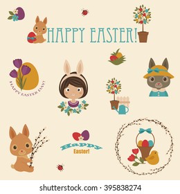 Easter vector icons set. Bunnies/rabbits, flowers, Easter eggs, happy child, Easter basket. "Happy Easter" text.