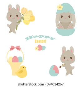 Easter vector icons set. Bunny/rabbit, flowers, eggs, chicken. "Happy Easter" text. Over white background