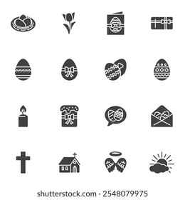 Conjunto de iconos de vector de Pascua, colección de símbolos sólidos modernos, paquete de pictogramas de estilo relleno. Señales, ilustración del logotipo. El sistema incluye iconos como torta de Pascua, huevos, vela, iglesia, tarjeta de felicitación, crucifijo, tulipán