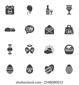 Conjunto de iconos de vector de Pascua, colección de símbolos sólidos modernos, paquete de pictogramas de estilo relleno. Señales, ilustración del logotipo. El conjunto incluye iconos como calendario, cesta de huevos de Pascua, alas de ángel, botella de vino, golosinas