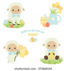 Easter vector icons set. White lamb, flowers, eggs, watering can. "Happy Easter" text. Over white background