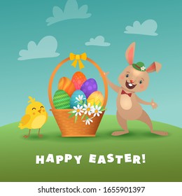 Easter vector illustration with  baby chicken, many painted eggs and cute brown bunny. Basket and Flowers. Grass and Sky