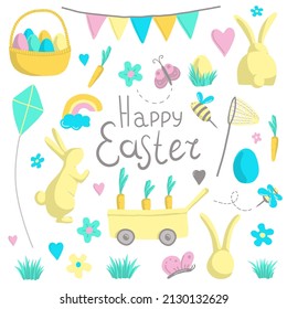 Easter vector illustration. Basket with pastel colors eggs, bunny, butterfly, bee, rainbow, heart, flower, grass, carrot, garland, net,  willow, daisy, kite, sign Happy Easter. Colorful spring card.