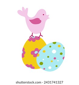 Easter vector illustration. Bird and colorful eggs.