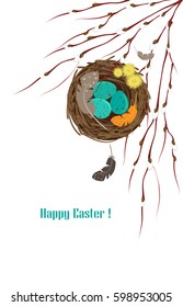 Easter vector illustration. Bird's nest with eggs and willow branches.