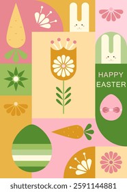Easter vector illustration with bunnies, eggs, flowers, carrots. Geometric abstract background. Happy Easter.