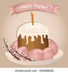 Easter vector illustration with cake and pink painted eggs and pussy willow