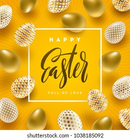 Easter vector illustration with calligraphic greeting and Easter eggs decorated with gold.