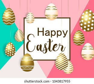 Easter vector illustration with calligraphic greeting and Easter eggs decorated with gold.
