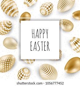 Easter vector illustration with calligraphic greeting and Easter eggs decorated with gold. Vector illustration.
