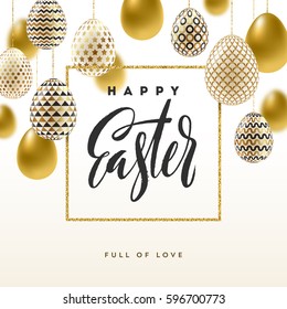 Easter vector illustration with calligraphic greeting and Easter eggs decorated with gold.