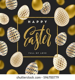 Easter vector illustration with calligraphic greeting and Easter eggs decorated with gold.