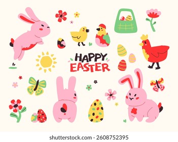 Easter vector illustration collection – Cute bunny, eggs, chicks, flowers – Spring holiday pack