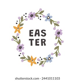 Easter vector illustration concept with flowers wreath. Modern style graphic. Perfect for a social media post, greetings, poster, cover or postcard