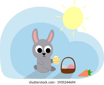 Easter vector illustration with cute bunny, rabbit with basket, hand drawn illustration. Modern postcard or invitation for holiday.