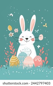 Easter vector illustration, cute easter bunny and easter eggs, colorful vector, easter greeting card design