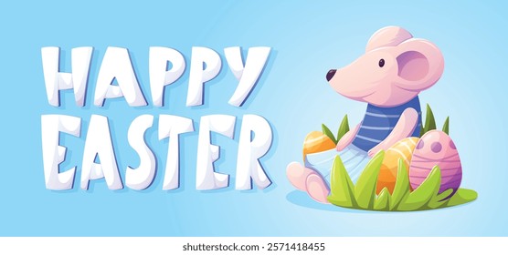 Easter vector illustration, cute cartoon mouse sitting among colorful eggs and green grass with text Happy Easter on blue background. Ideal for greeting cards, holiday promotions, festive design