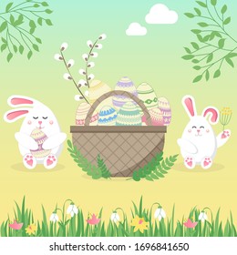 Easter vector illustration with egg, bunny (rabbit) and flower. Spring religious holiday. Vector illustrations for a poster, greeting card, invitation or banner. 