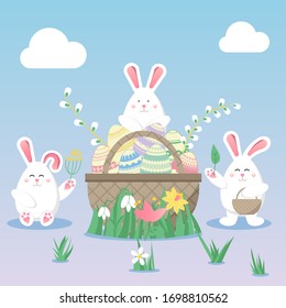 Easter vector illustration with egg, bunny (rabbit) and flower. Spring religious holiday. Vector illustrations for a poster, greeting card, invitation or banner.  