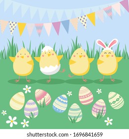 Easter vector illustration with egg, chicken, and flower. Spring religious holiday. Vector illustrations for a poster, greeting card, invitation or banner. 