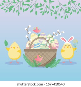 Easter vector illustration with egg, chicken, and flower. Spring religious holiday. Vector illustrations for a poster, greeting card, invitation or banner.  