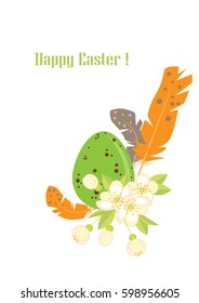 Easter vector illustration. Egg feathers and spring blossoming branches.
