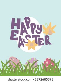 Easter vector illustration with eggs, flowers, and lettering