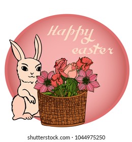 Easter vector illustration with eggs, rose  flowers and bunnies. Excellent for the design of postcards, posters, stickers and so on.