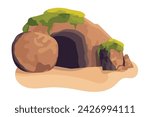 Easter Vector Illustration. Empty Tomb of Jesus Christ. Rolled away stone near the entrance to the cave.
