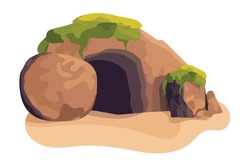 Easter Vector Illustration. Empty Tomb Of Jesus Christ. Rolled Away Stone Near The Entrance To The Cave.