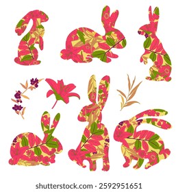 Easter vector illustration featuring decorative floral-patterned bunny silhouettes in pastel colours. Set of Easter isolated bunny decoration for holiday cards, decorations, and design projects.