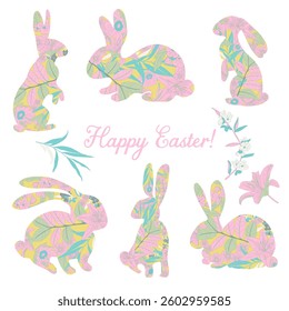 Easter vector illustration featuring decorative floral-patterned bunny silhouettes in pastel colours. Set of Easter isolated bunny decoration for holiday cards, decorations, and design projects.