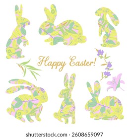 Easter vector illustration featuring decorative floral-patterned bunny silhouettes in pastel colours. Set of Easter isolated bunny decoration for holiday cards, decorations, and design projects.