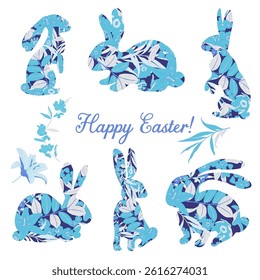 Easter vector illustration featuring decorative floral-patterned bunny silhouettes in pastel colours. Set of Easter isolated bunny decoration for holiday cards, decorations, and design projects.