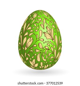Easter. Vector illustration of  floral  easter egg on white background. Gold floral pattern on green egg.