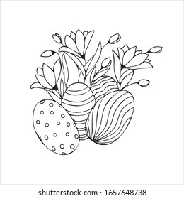 ilustración vectorial de Pascua con flores y huevos de Pascua, diseño simple de sketch de Pascua con flores de croco y huevo de Pascua