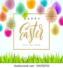 Easter vector illustration with glitter gold calligraphic greeting and multicolored painted Easter eggs.