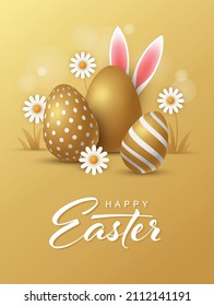 Easter vector illustration with gold colored eggs and rabbit ears. Spring festive greeting card or banner design.