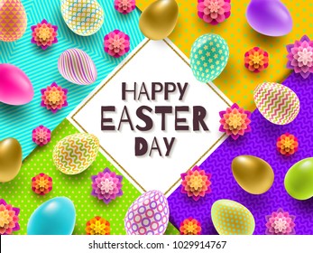 Ilustración vectorial de Semana Santa con saludo y huevos de Pascua pintados multicolores y flores sobre un fondo de papel colorido.