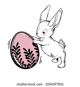 Easter vector illustration with hand drawn bunny roll the festive egg. Doodle sketch. Engraving style. For baby shower or easter card.