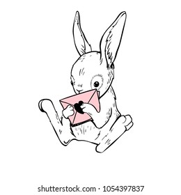 Easter vector illustration with hand drawn bunny and letters. Doodle sketch. Engraving style. For baby shower or easter card.